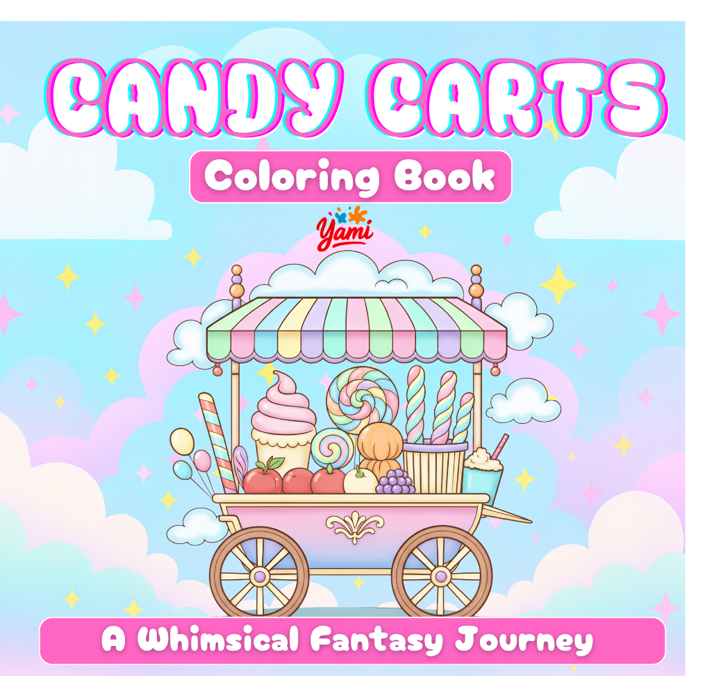 Cover of Candy Carts, a whimsical dessert coloring book for adults and teens