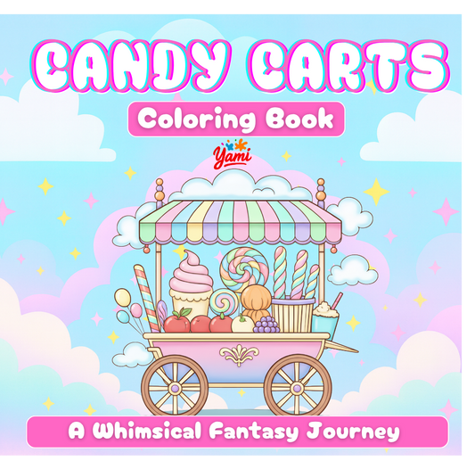 Cover of Candy Carts, a whimsical dessert coloring book for adults and teens