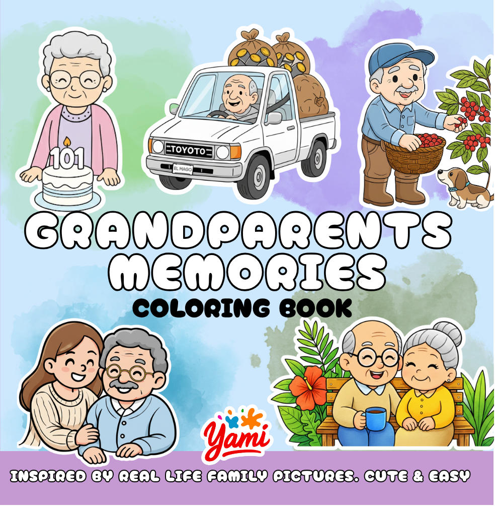 Cover of Grandparents Memories, a coloring book drawn from real family photographs