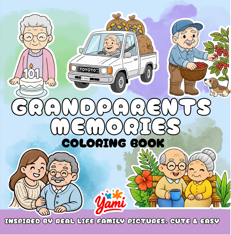 Cover of Grandparents Memories, a coloring book drawn from real family photographs